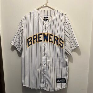 Majestic Brewers White and Blue Jersey